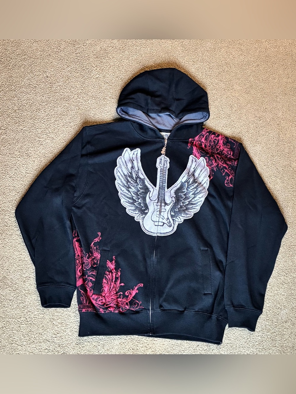 Y2K Gothic Black Zip-Up Hoodie Sweatshirt Guitar Wings Graphic Streetwear Jacket